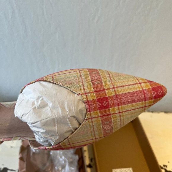 NIB Anthropologie Ankle Tie D'Orsay Bohemian Flats in Pink/Yellow Plaid - 9M - Picture 7 of 9